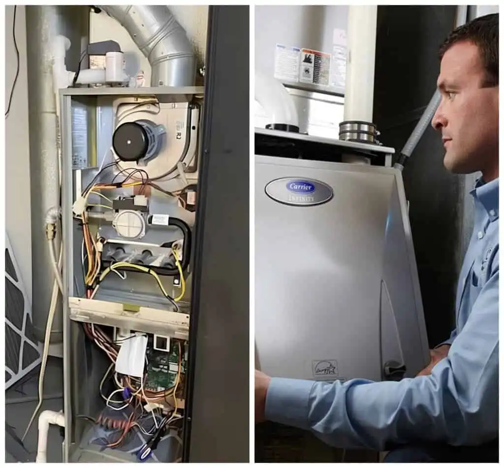 Furnace repair technician inspecting a Carrier furnace in Westlake Village.