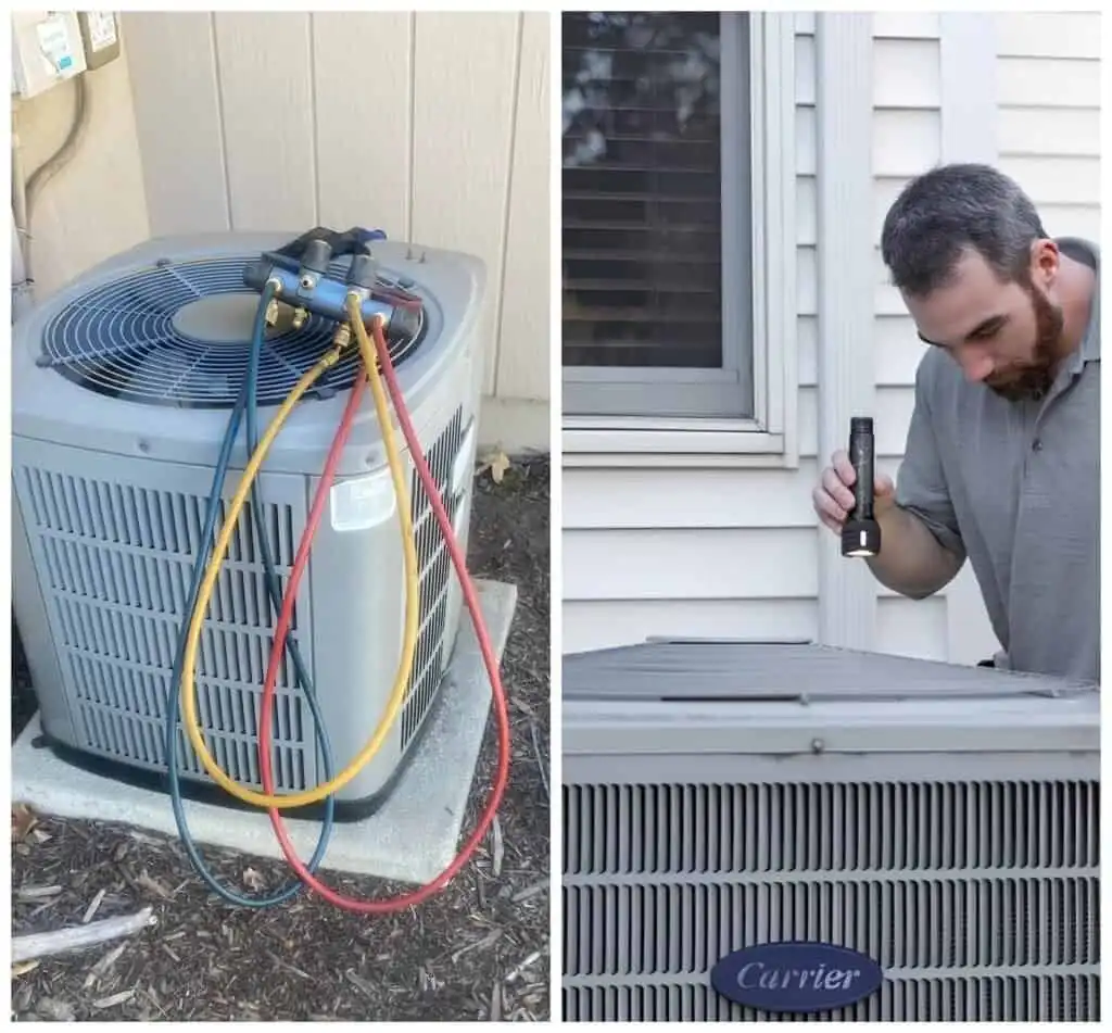 HVAC technician repairing a heat pump unit outside a house.