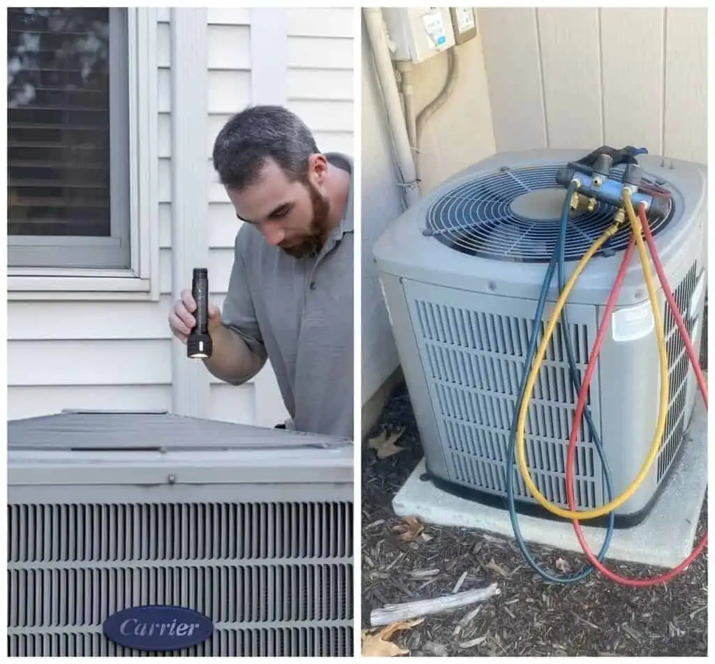 Technician inspecting a heat pump unit outside a house in Westlake Village.