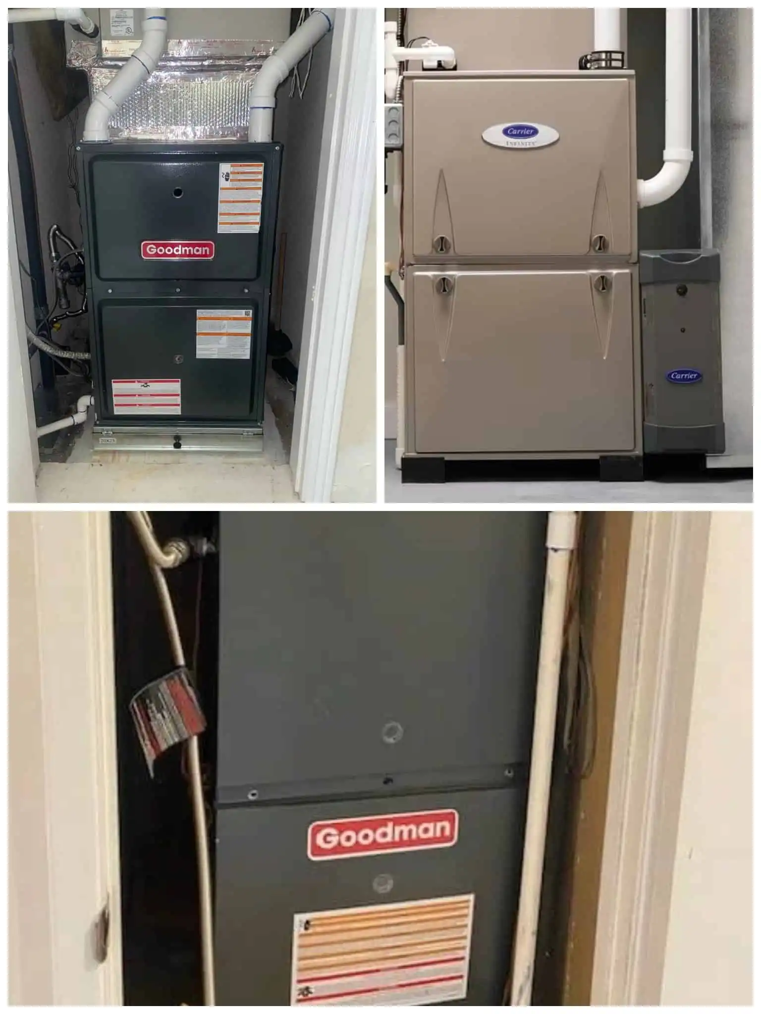 Furnace unit with Goodman branding in a utility closet.