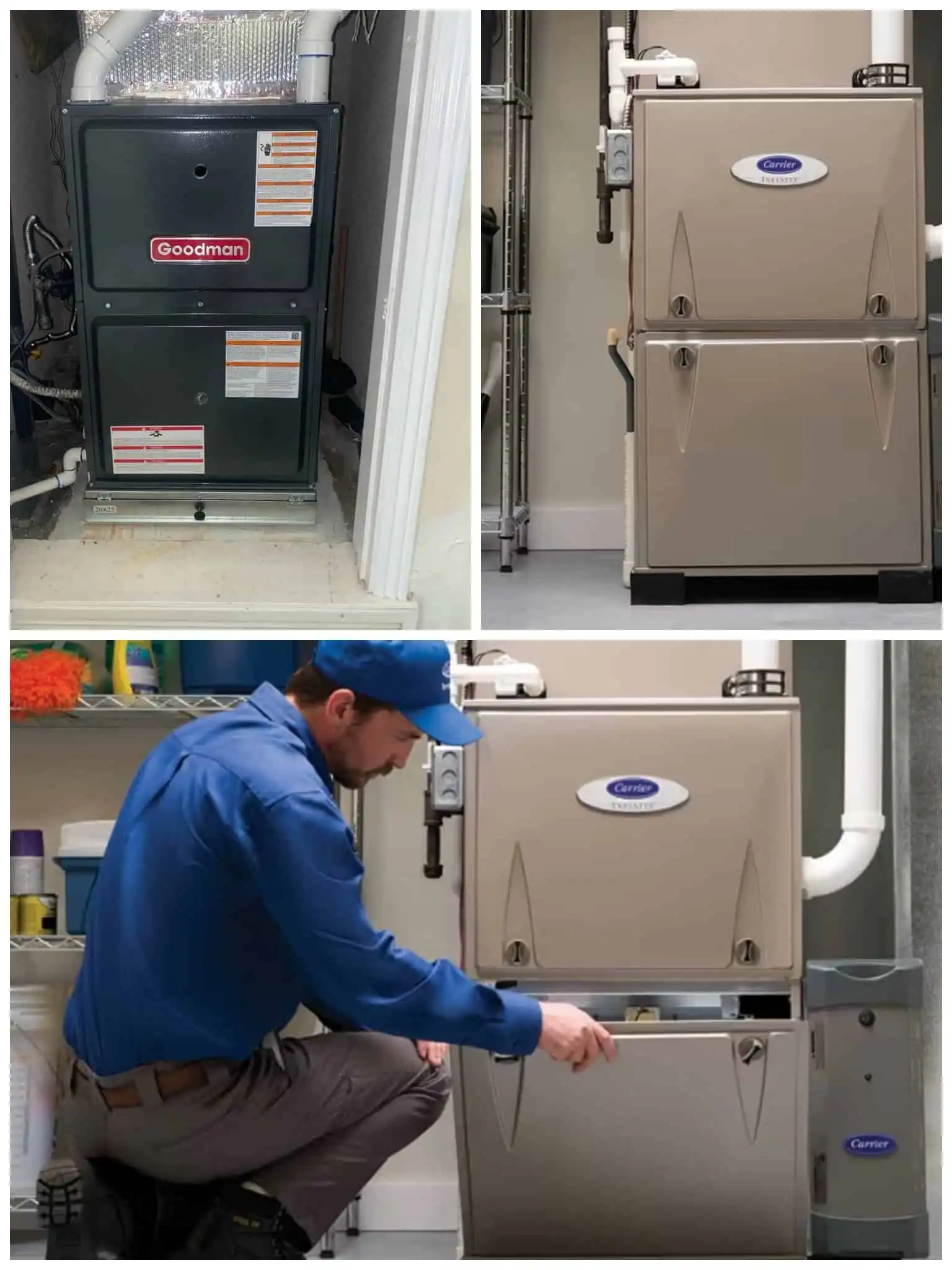 Furnace repair units and technician working on HVAC system.