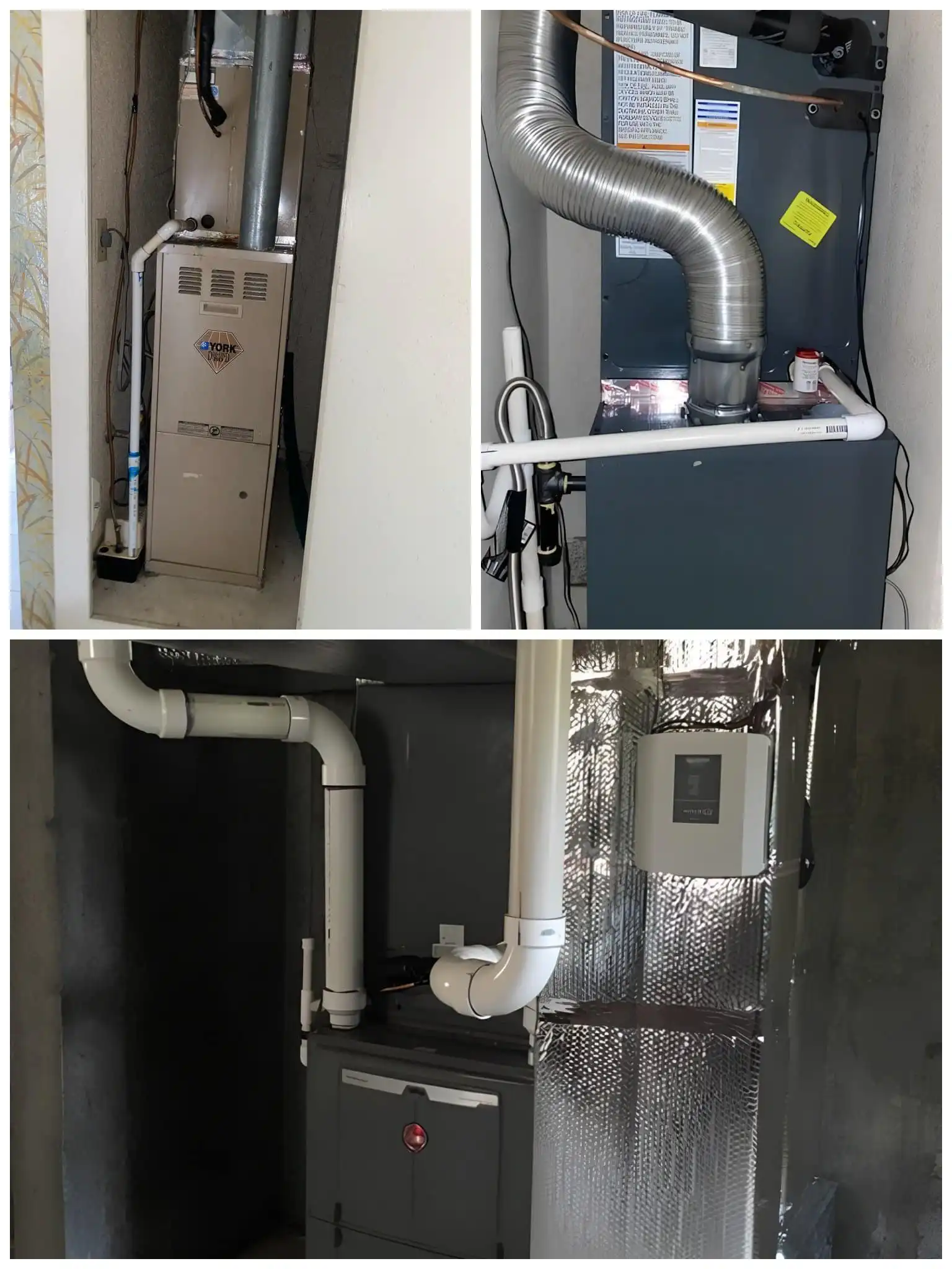Furnace installation system with ductwork in a residential setting.