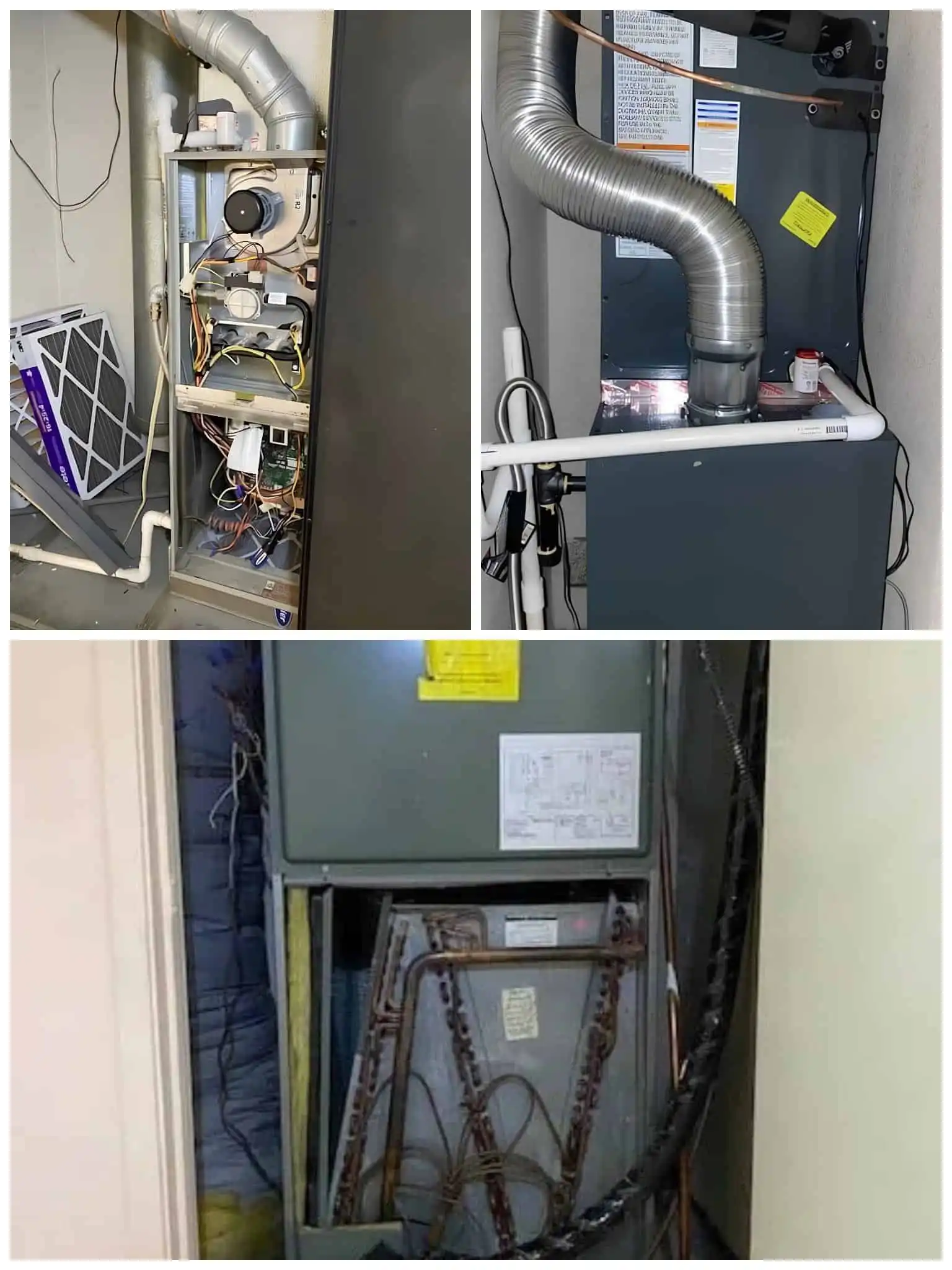 HVAC furnace repair components and wiring inside the unit.