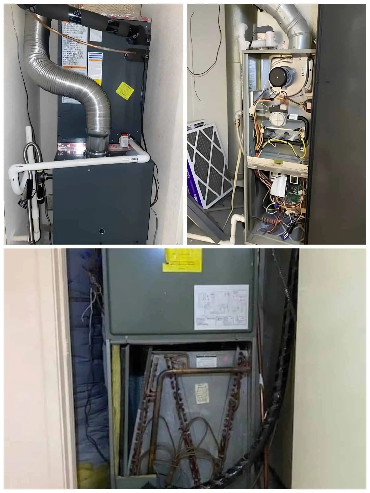 Furnace system components and wiring inside a utility closet.