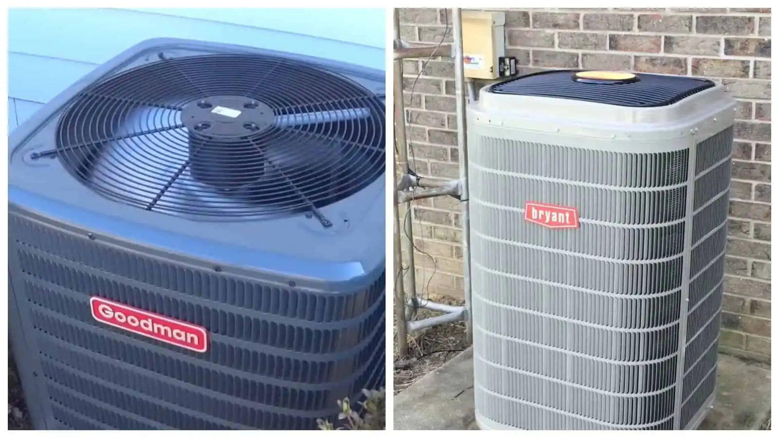 Outdoor heat pump condenser unit with Goodman branding.