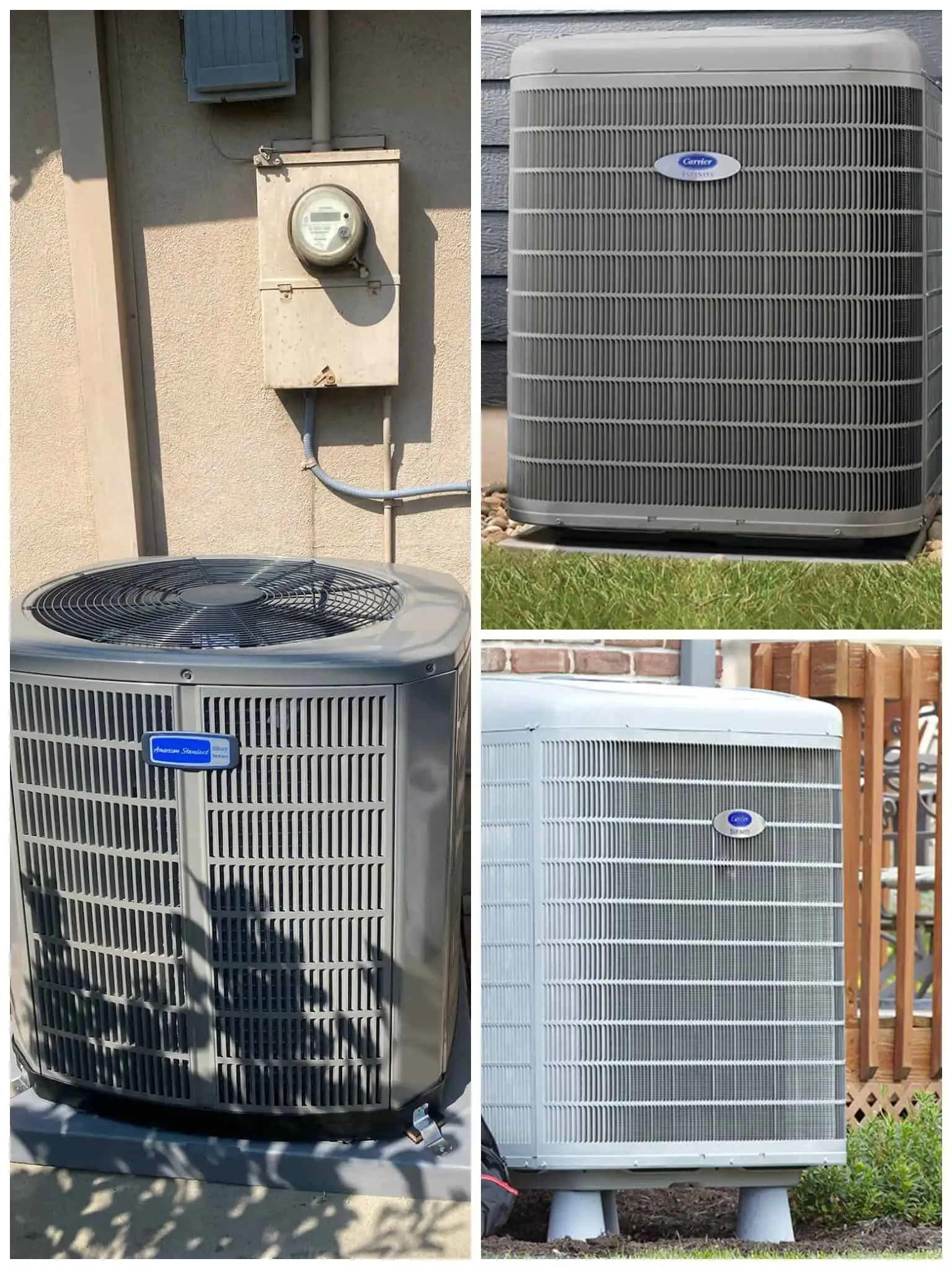 Outdoor heat pump units installed outside residential properties.