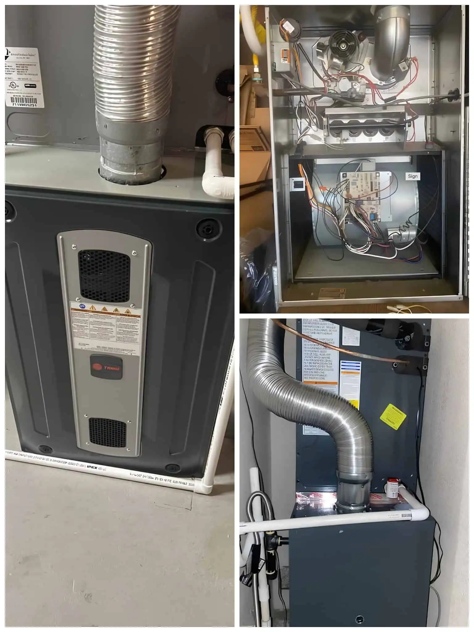 Close-up of furnace and HVAC system components inside a utility closet.