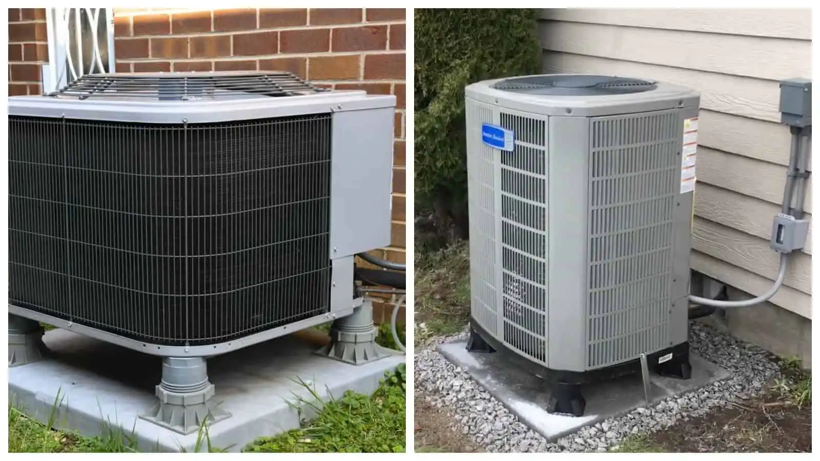 Two outdoor air conditioning units installed outside homes.