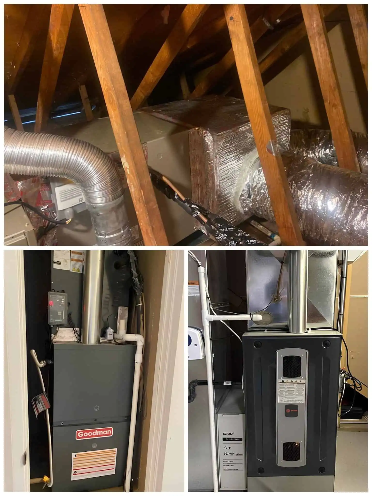 HVAC ductwork and furnace system in attic and utility room.