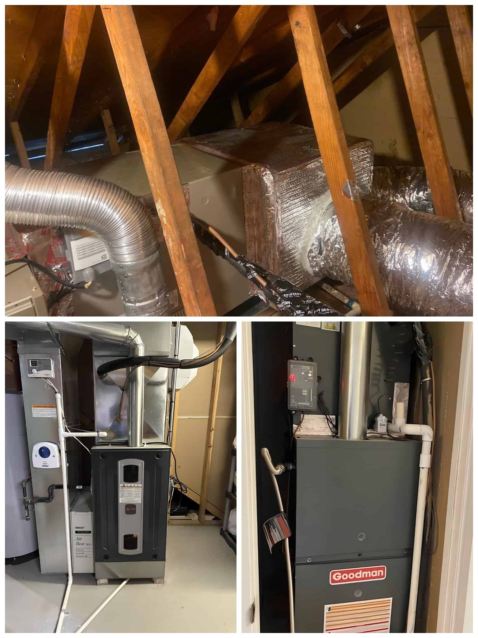 Air duct and HVAC system components in an attic space.