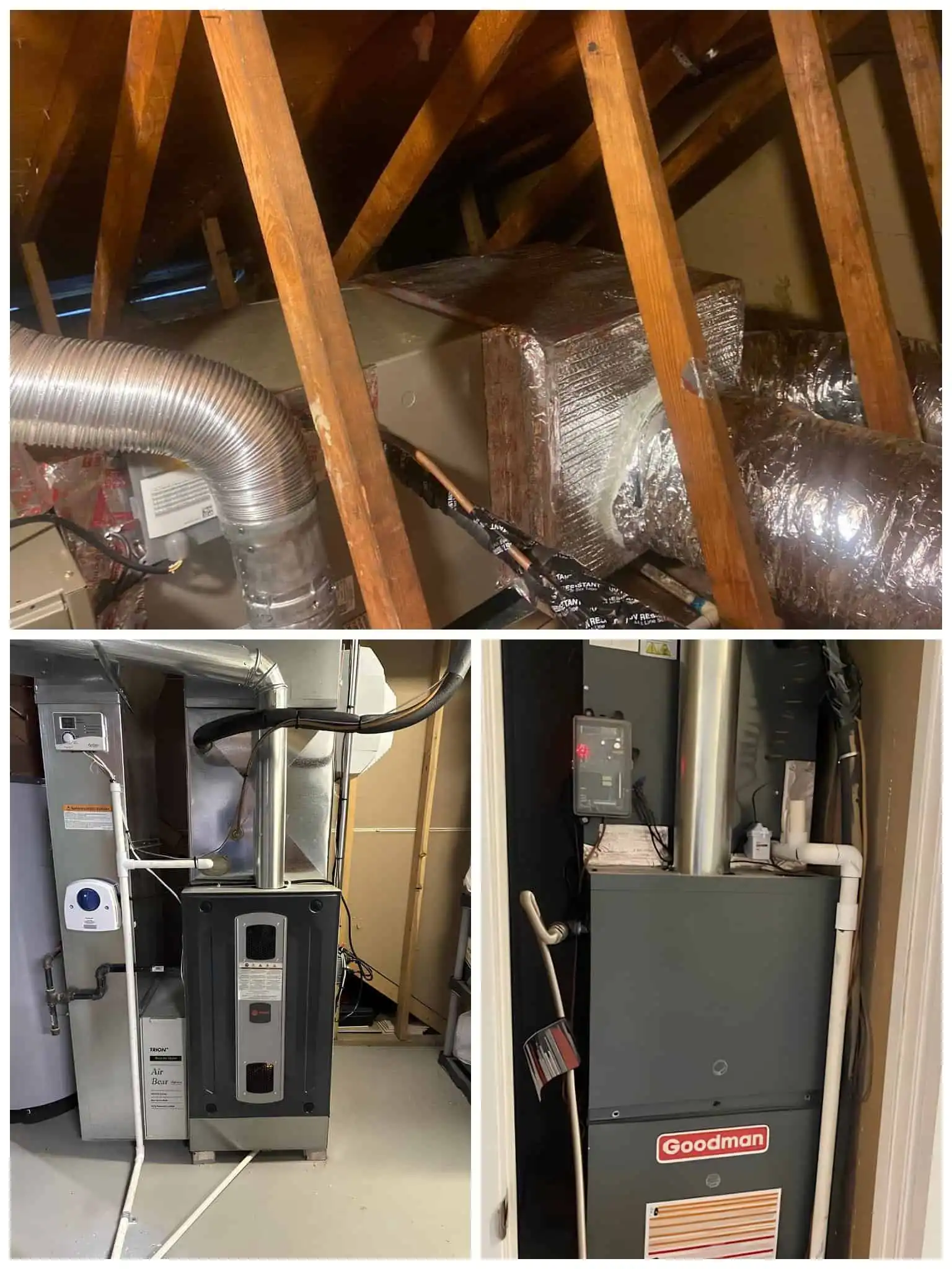 Air duct and HVAC system components in an attic space.