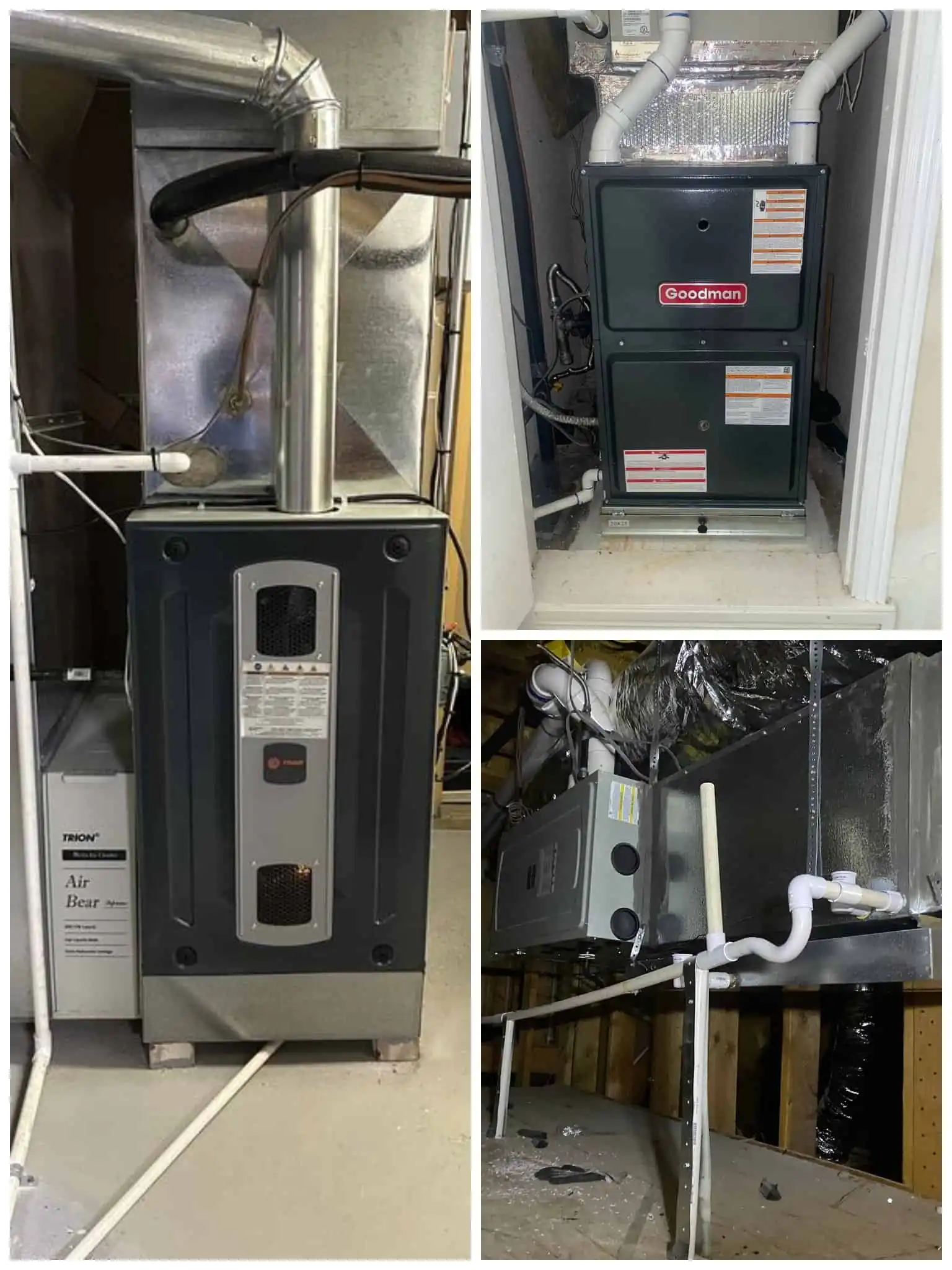 Furnace installation unit with ductwork in a basement setting.