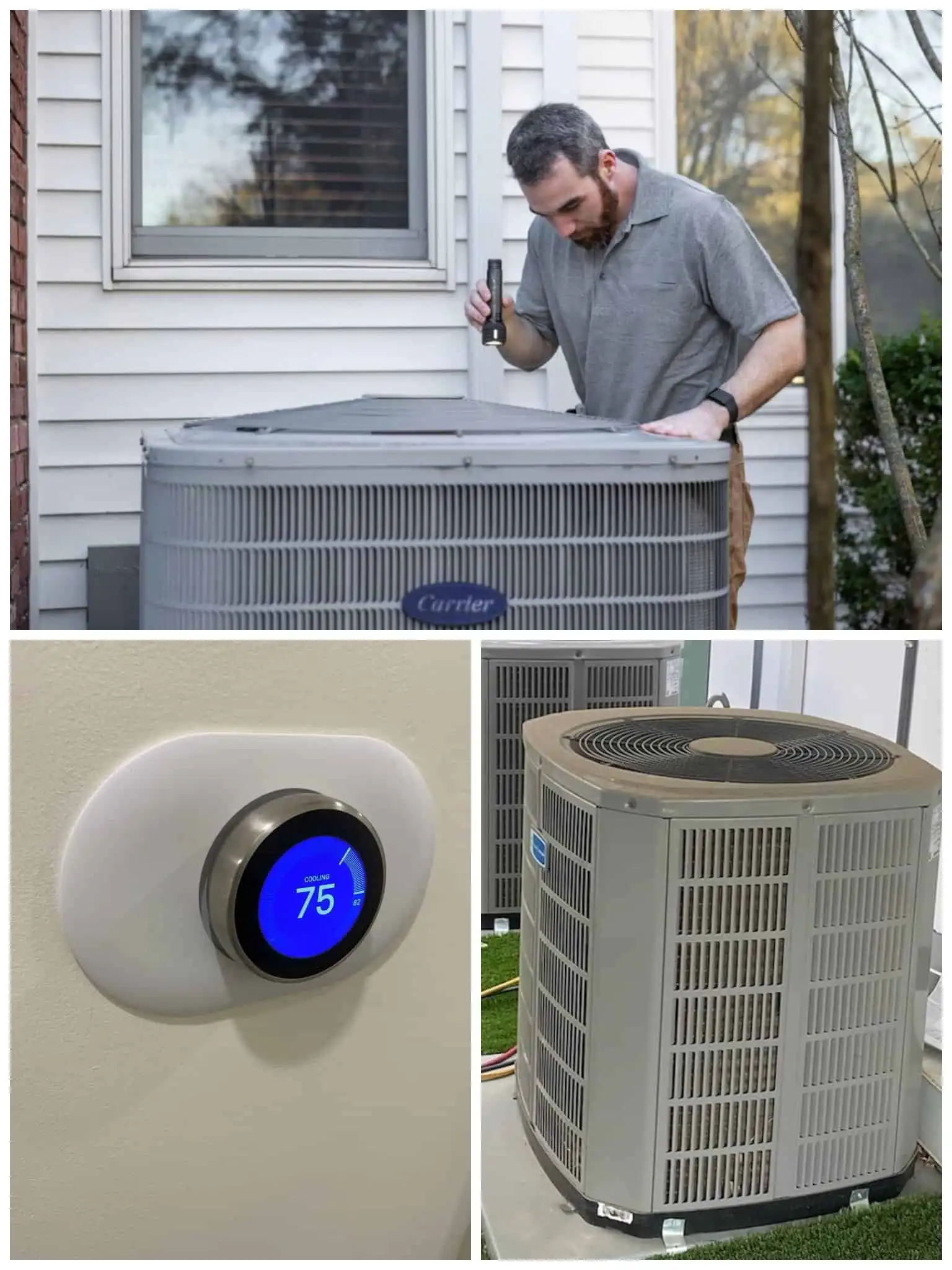 AC repair technician inspecting outdoor unit.