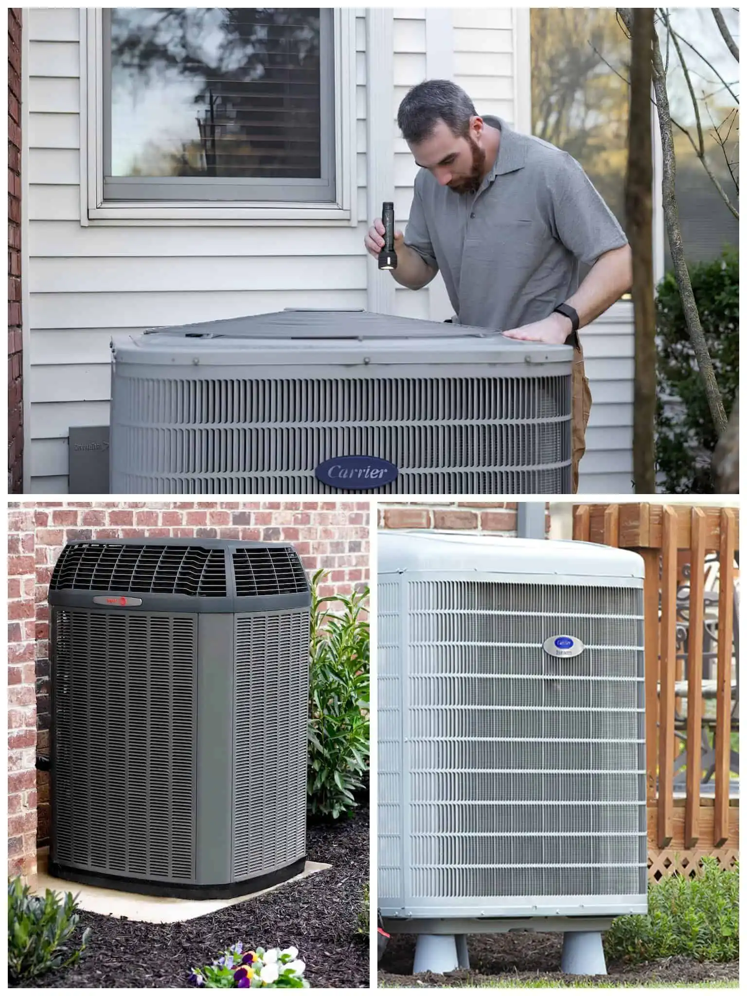 Man inspecting an outdoor air conditioning unit with a screwdriver.