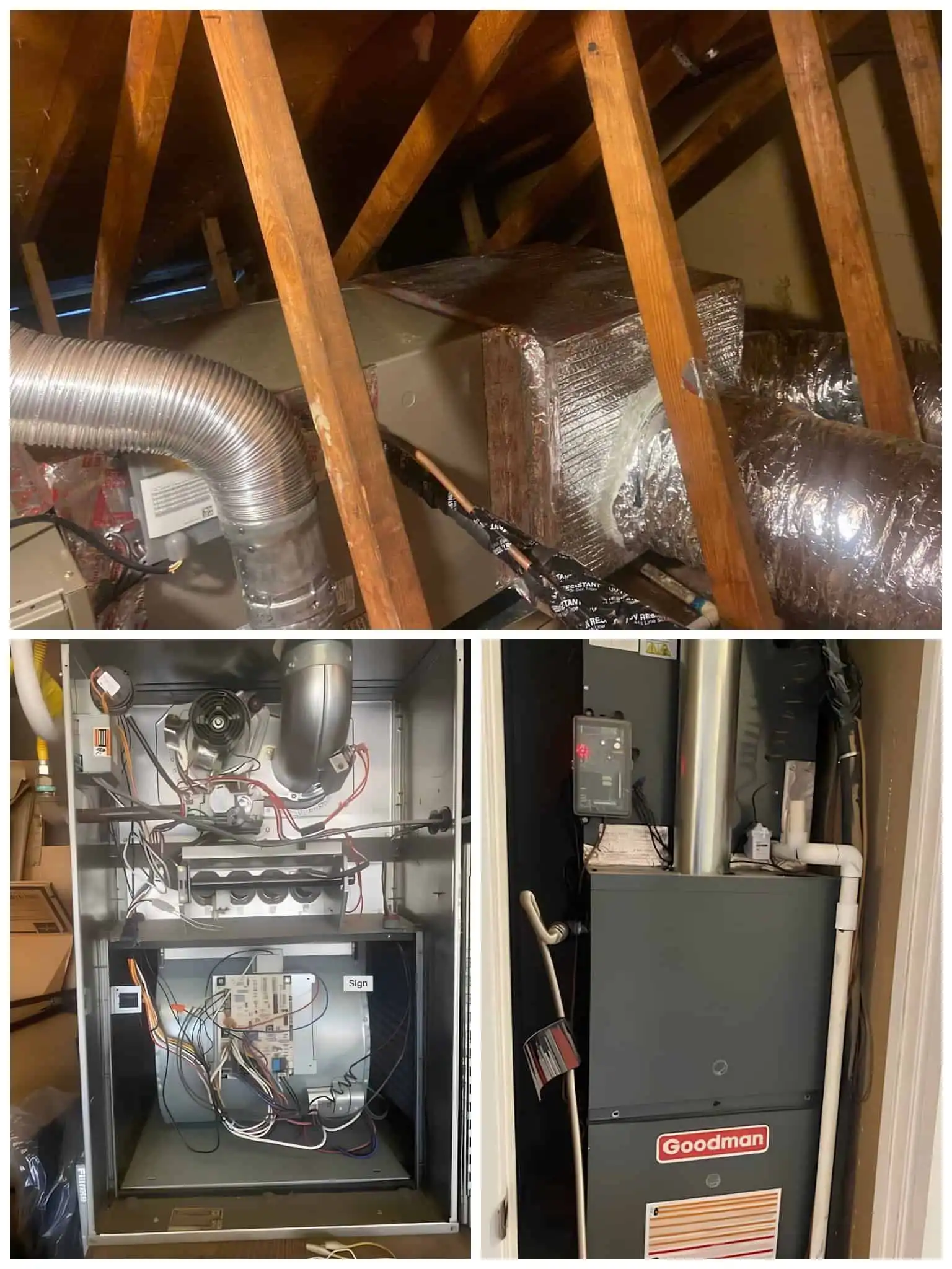 Air duct and HVAC system components installed in attic space.