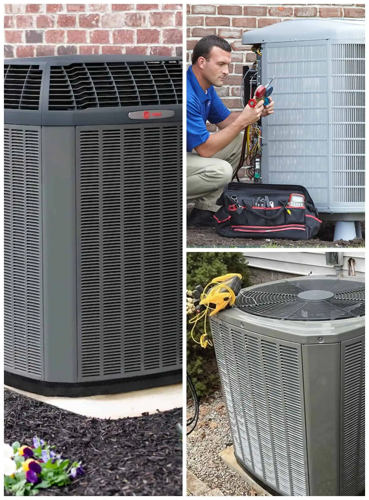 HVAC servicing technician inspecting an outdoor air conditioning unit.