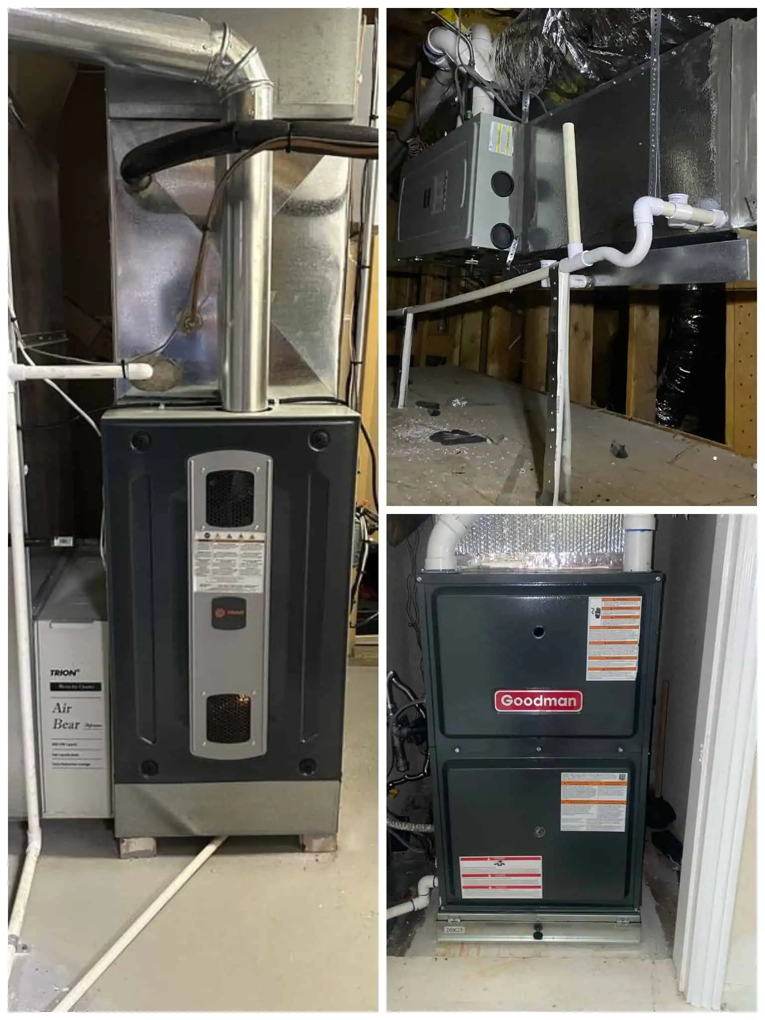 High-efficiency furnace setup with ductwork in a residential basement.