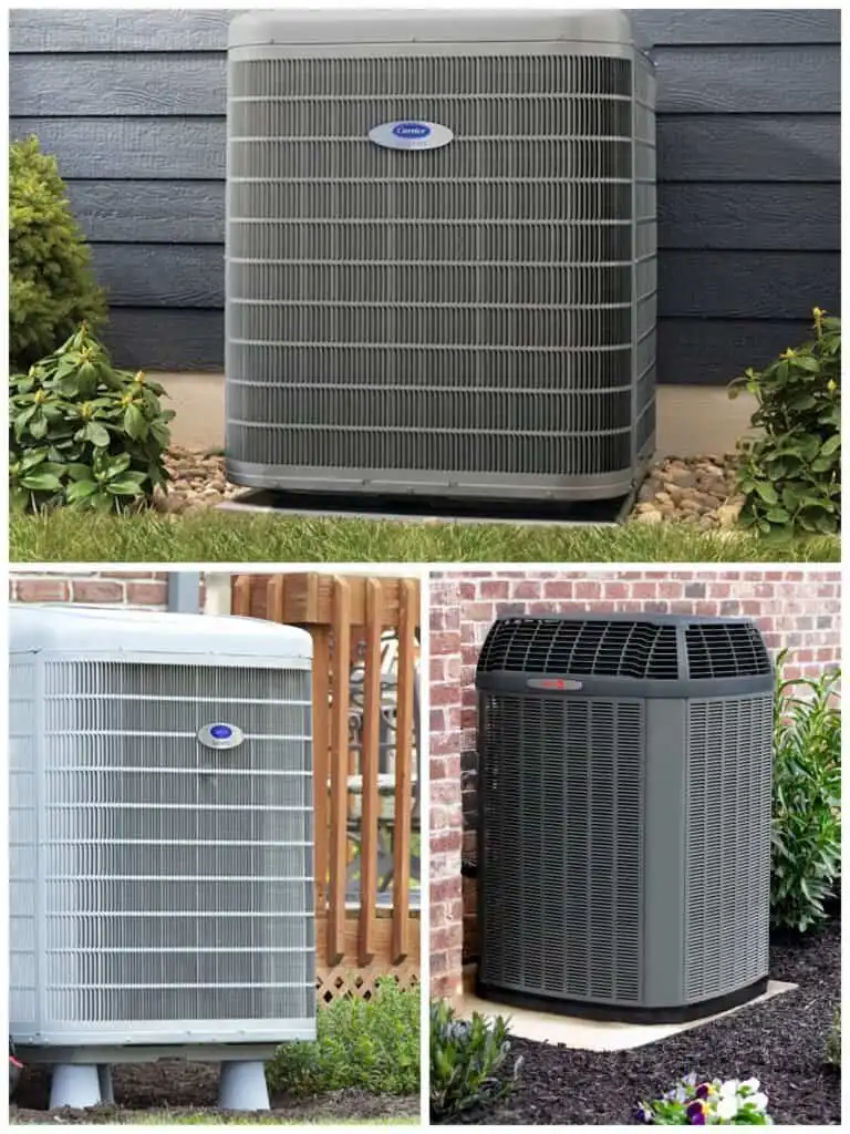 HVAC units installed outdoors near houses and gardens.