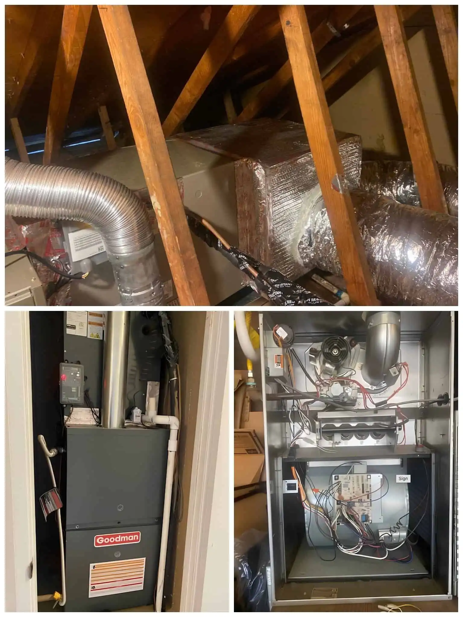 HVAC ductwork and furnace installation in attic and utility closet.
