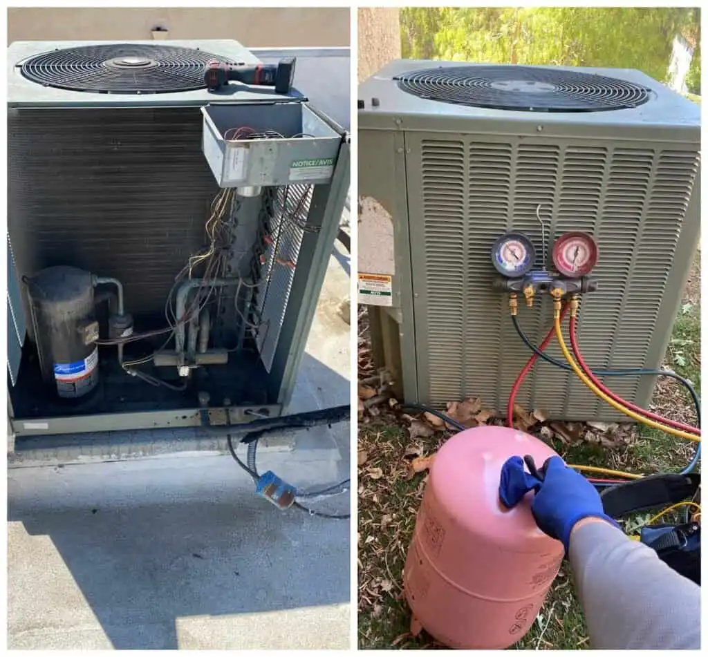 Technician servicing an outdoor HVAC unit with gauges and refrigerant tank.