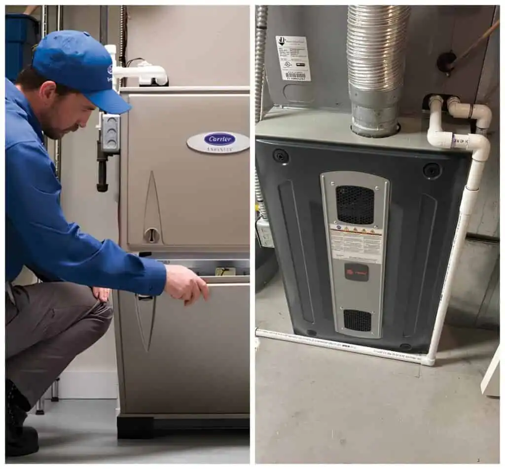 HVAC technician checking furnace or air conditioning unit in a utility room.