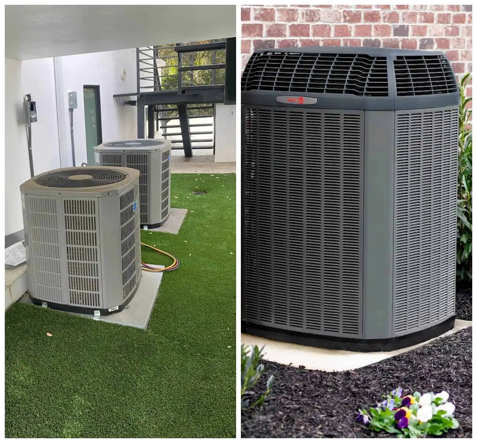 Two modern heat pump units installed on a balcony and outside a building.