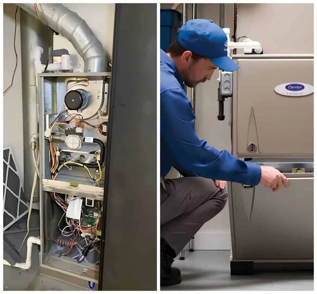 Technician inspecting HVAC compressor system for maintenance or repair.