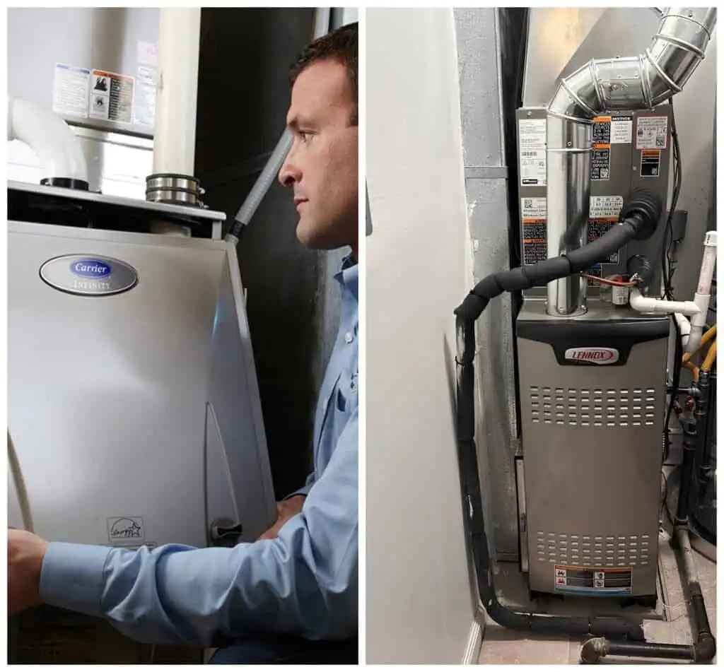Furnace installation technician working on a new furnace in Woodland Hills. Professional HVAC servic.