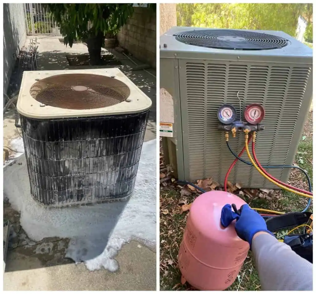 AC unit with refrigerant gauges and pink compressor.
