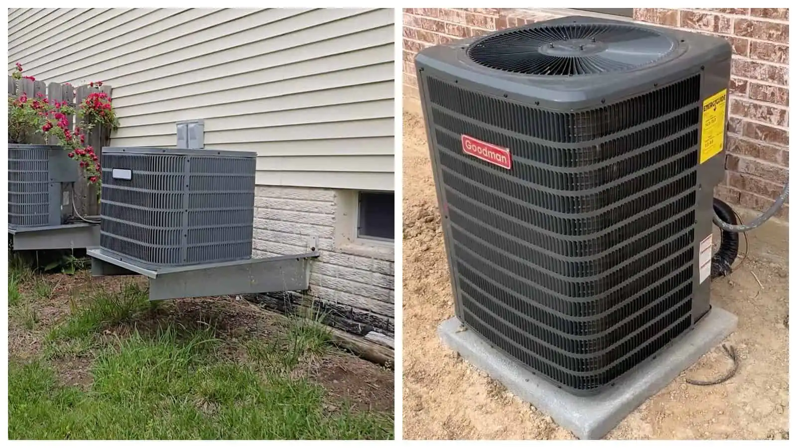 Outdoor air conditioning unit on a concrete pad beside a house.