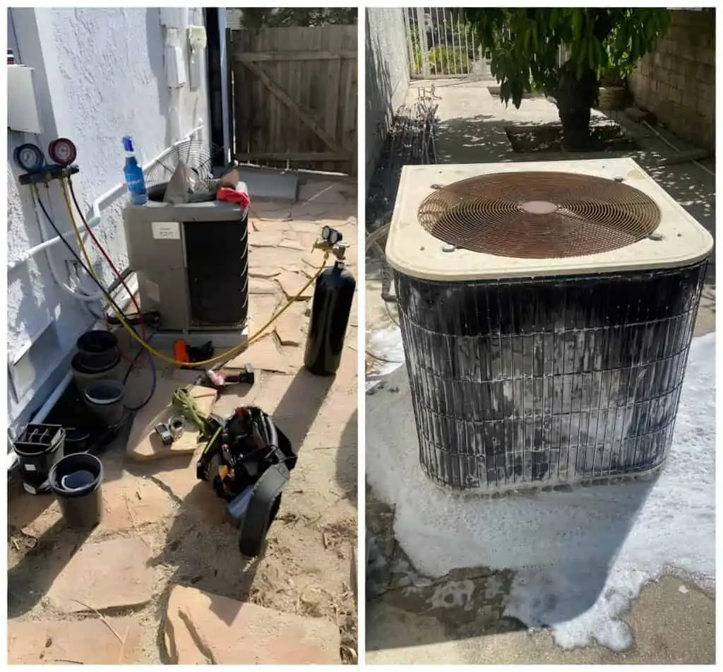 Technician working on an outdoor air conditioning unit with tools and equipment.