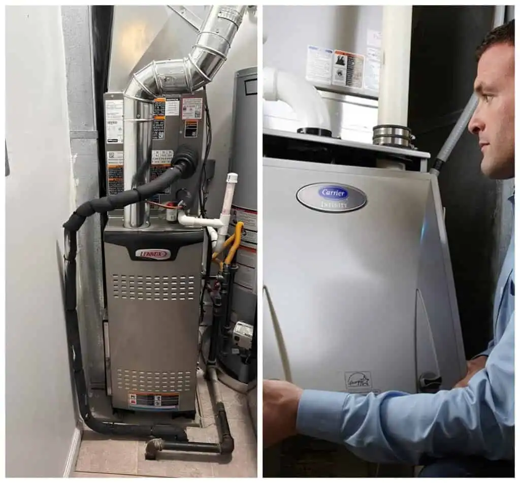 Technician inspecting a furnace unit in a utility room.