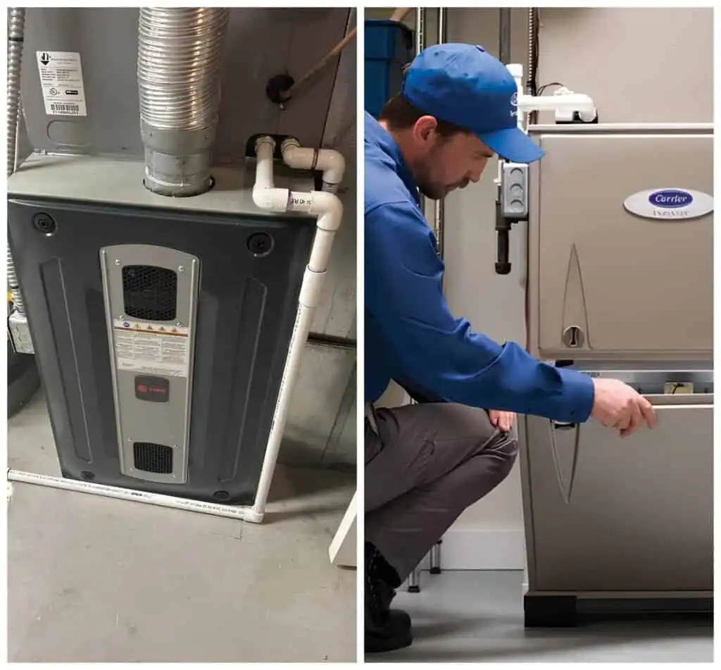 Technician installing a heat pump unit in a utility room.