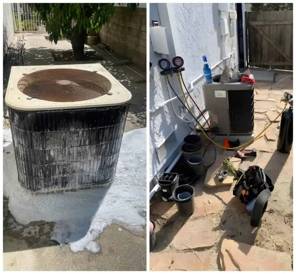 Air conditioning system with gauges and tools for servicing or installation.