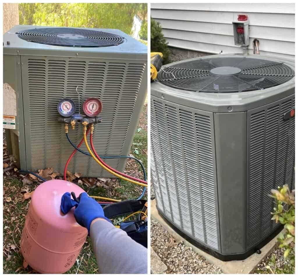 AC unit with gauges and pink refrigerant tank in outdoor setting.
