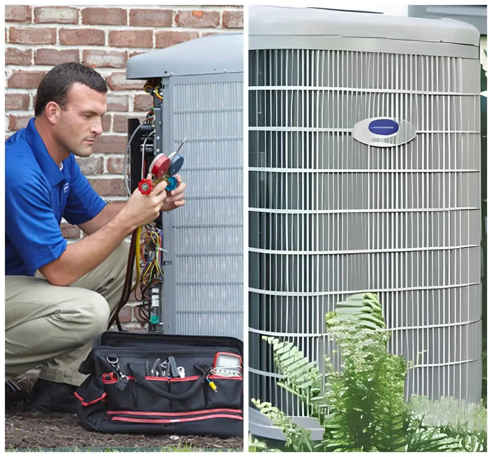 HVAC technician working on an outdoor air conditioning unit with tools and equipment.