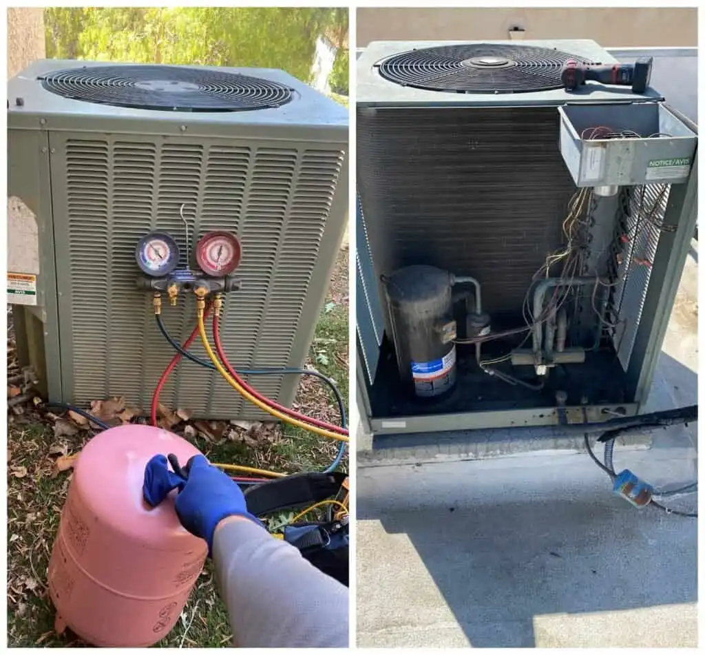 AC unit with open panel showing internal components and refrigerant gauges.