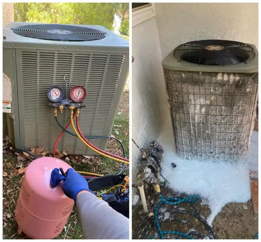 HVAC service technician repairing air conditioning unit in Oxnard.