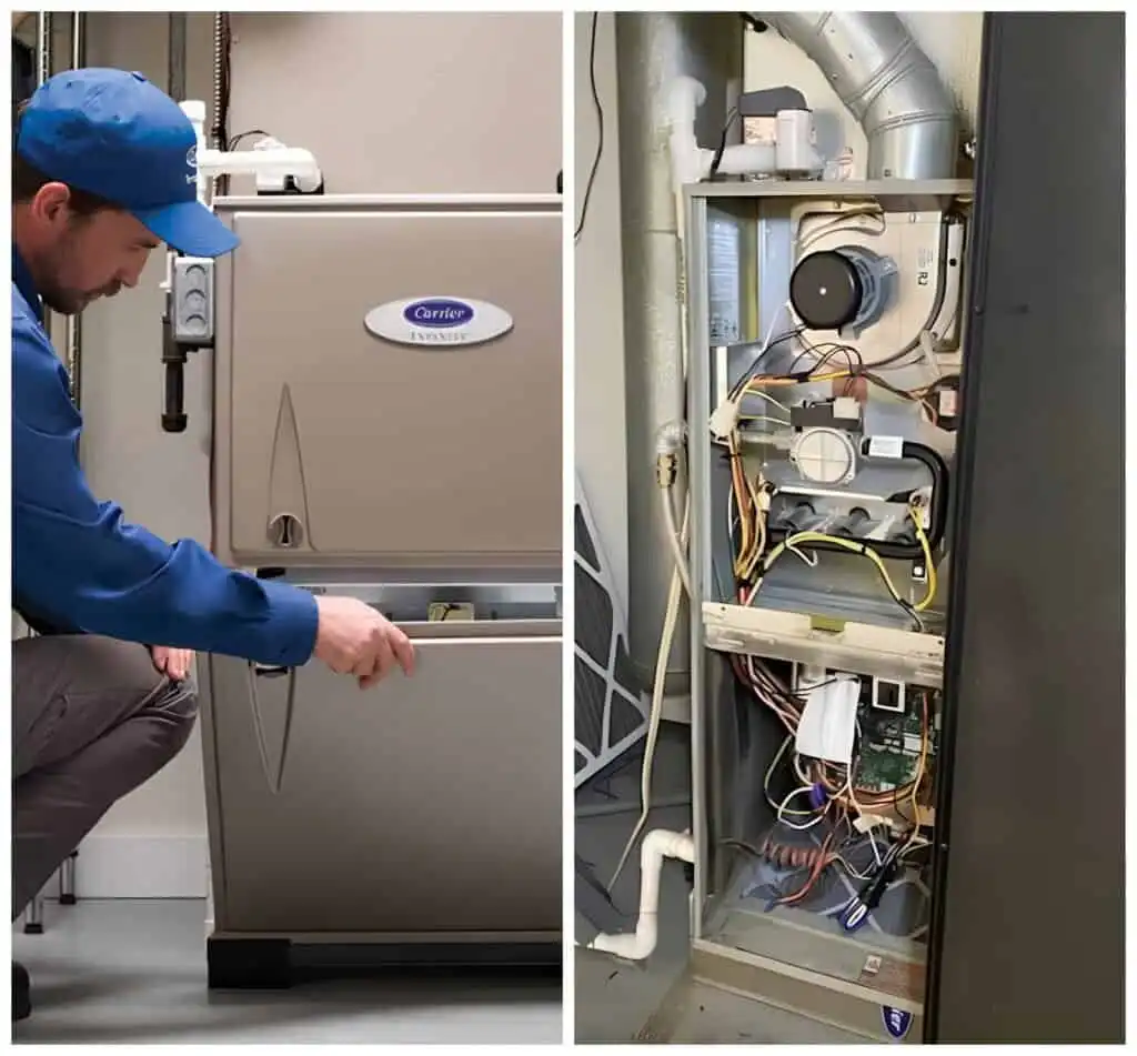 HVAC technician inspecting furnace and heating system components.