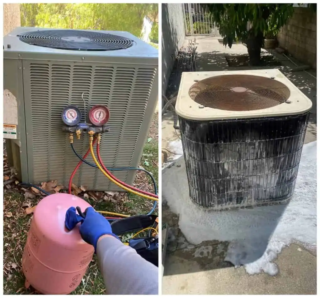 AC unit with refrigerant gauges and technician working on it.