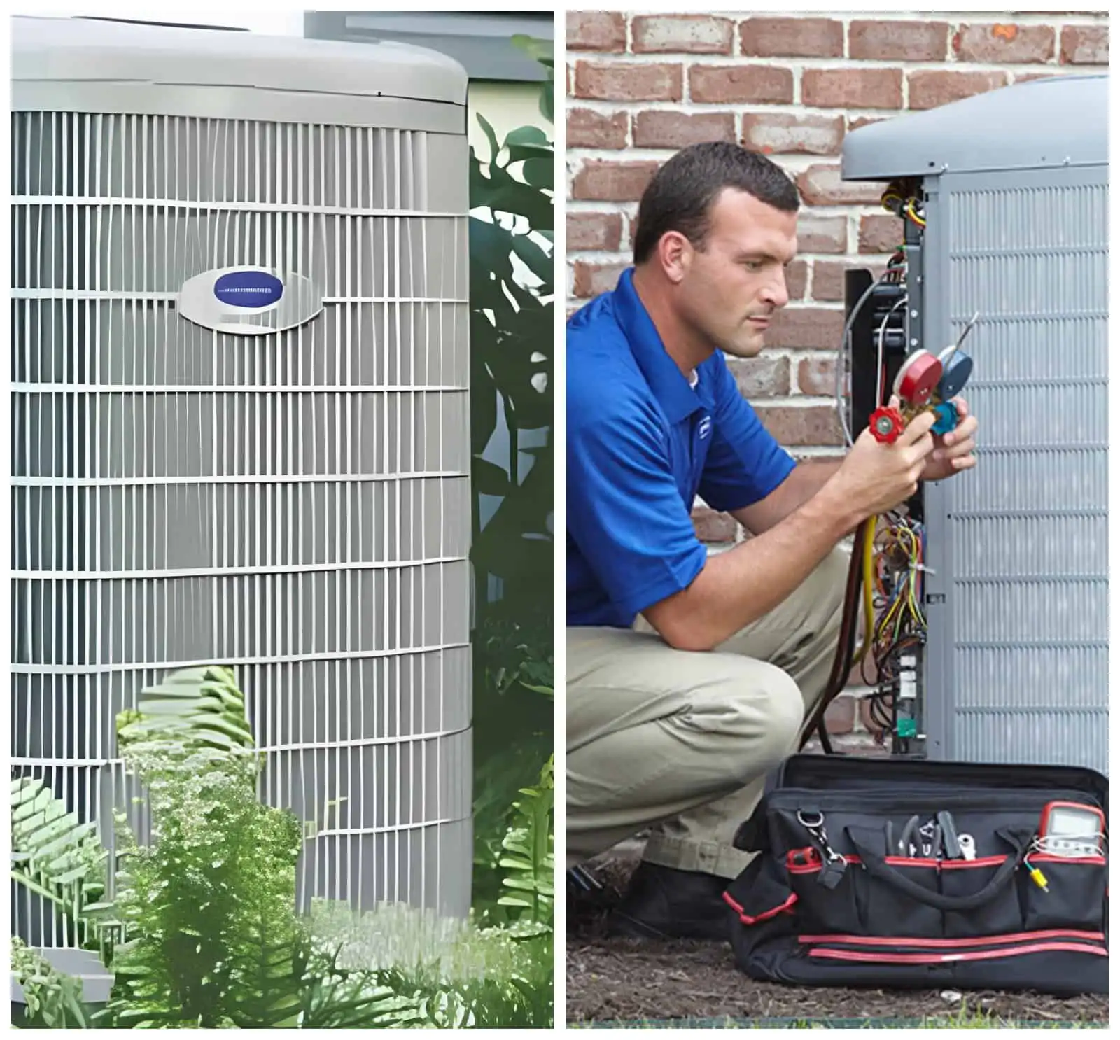Technician repairing an outdoor air conditioning unit with tools and equipment.