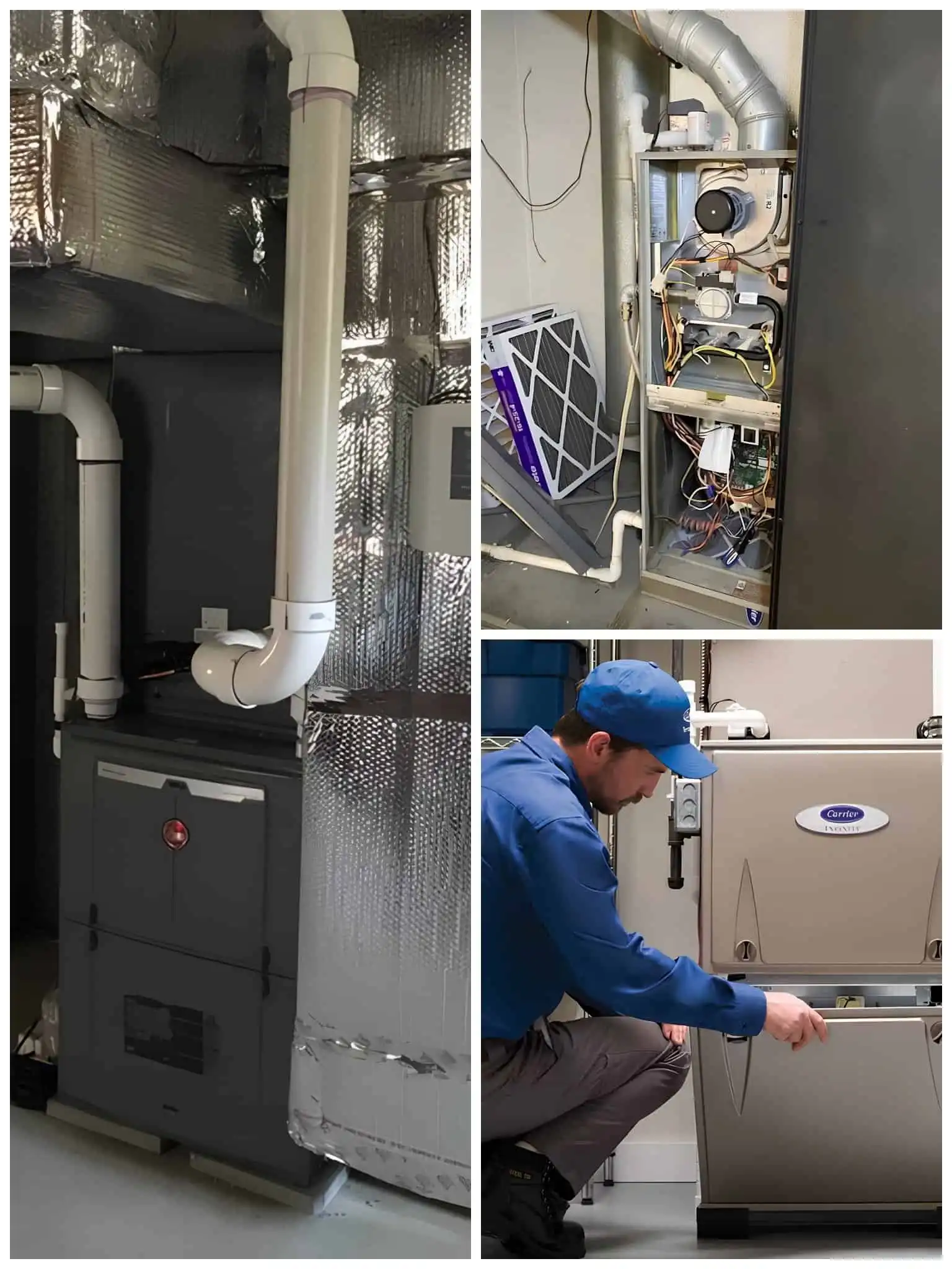 Furnace repair technician inspecting HVAC system components.