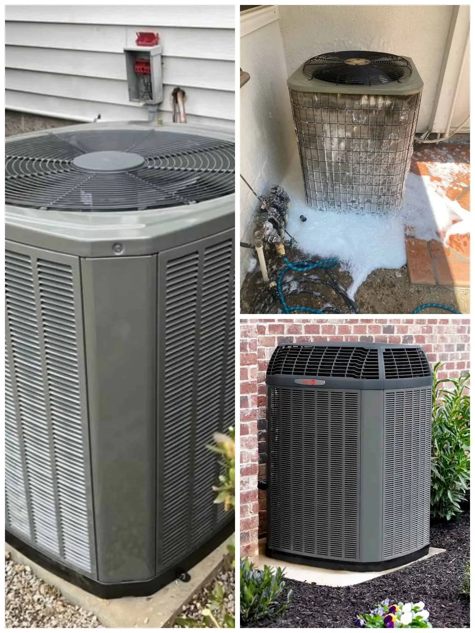 Outdoor HVAC units with different levels of dirt and maintenance.