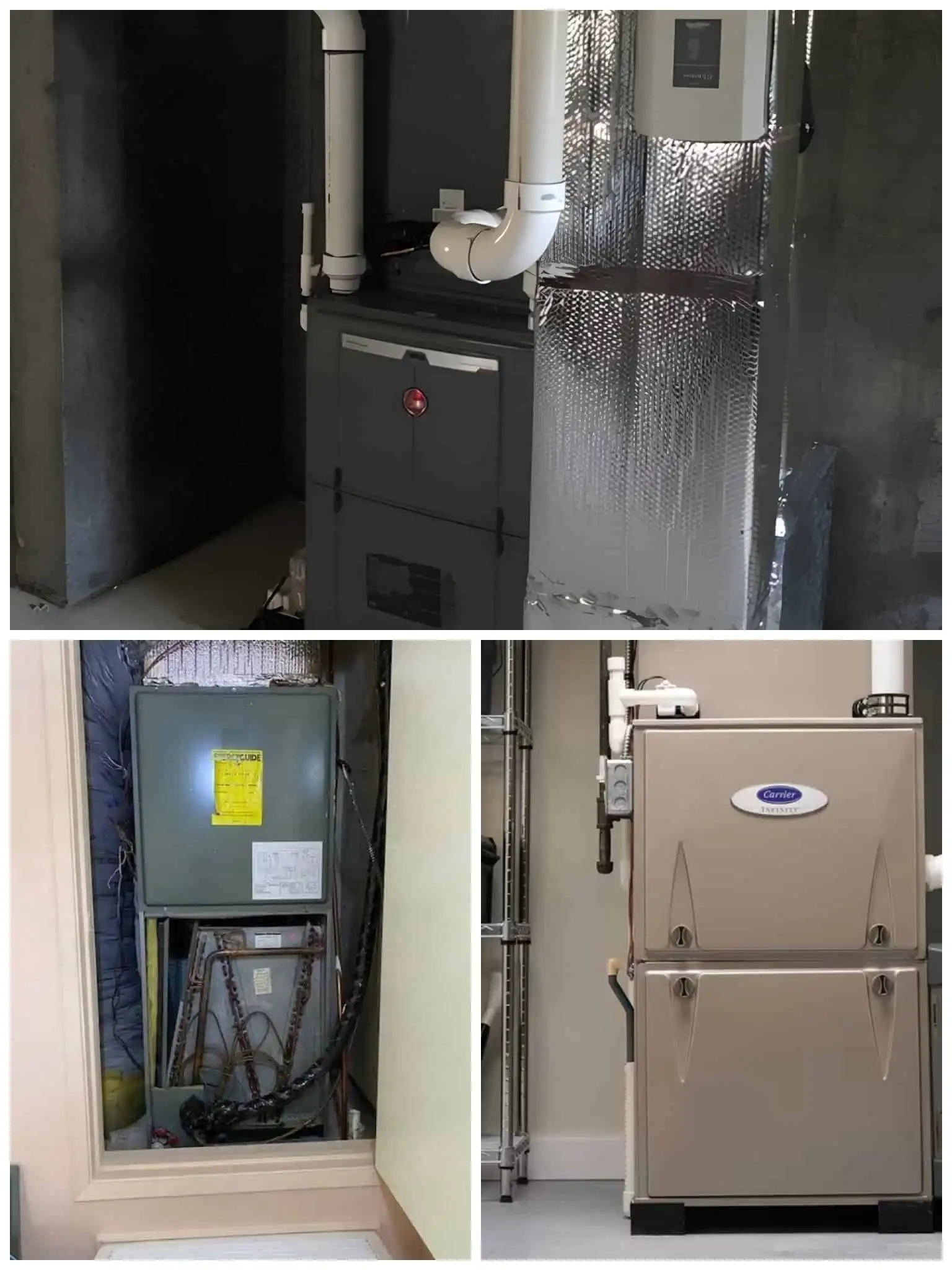 HVAC system with ductwork and piping in a utility room.