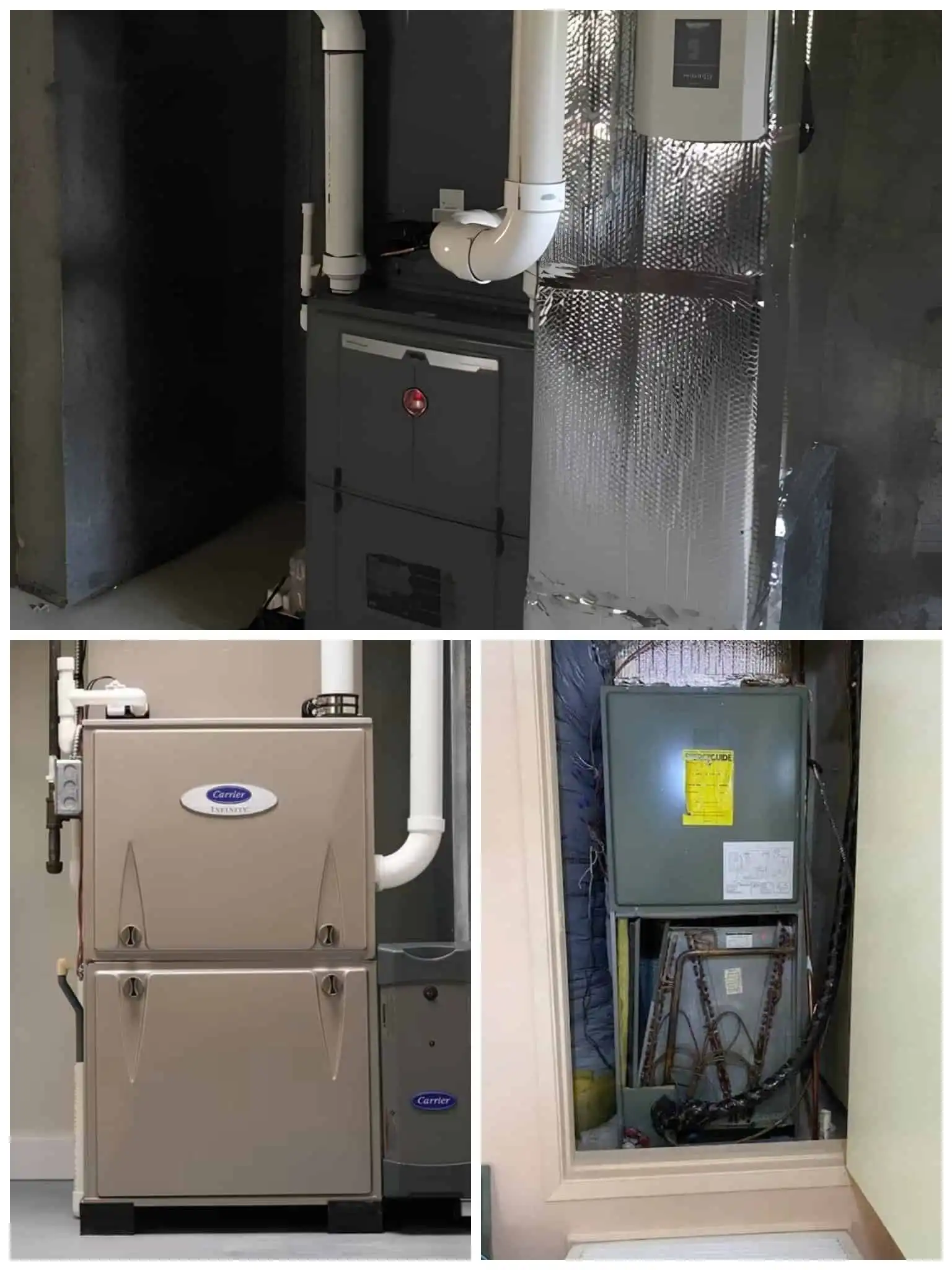 Modern heat pump and HVAC units installed in a basement setting.