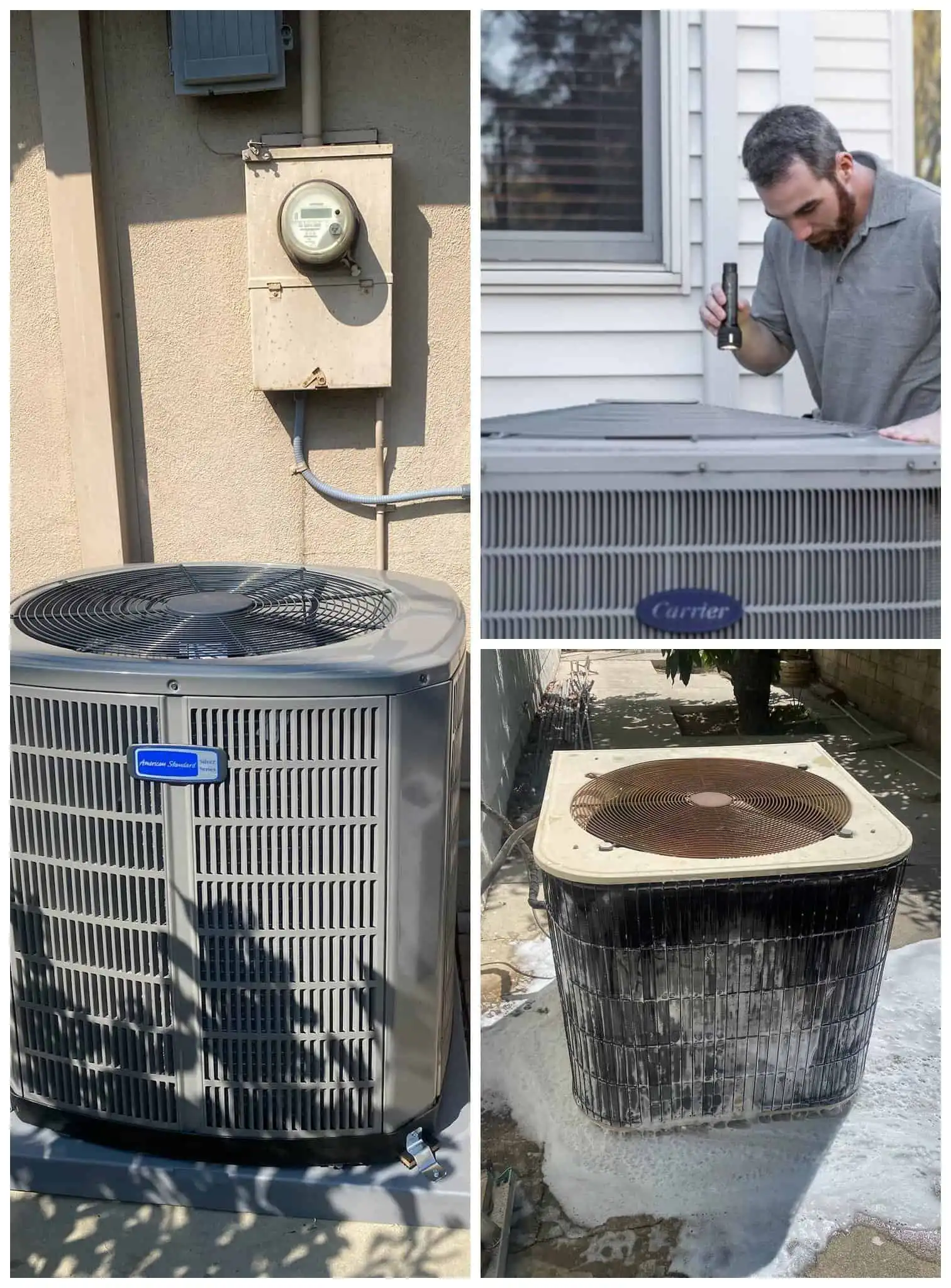 HVAC system with outdoor unit, technician inspecting indoor unit, and dirty outdoor unit.