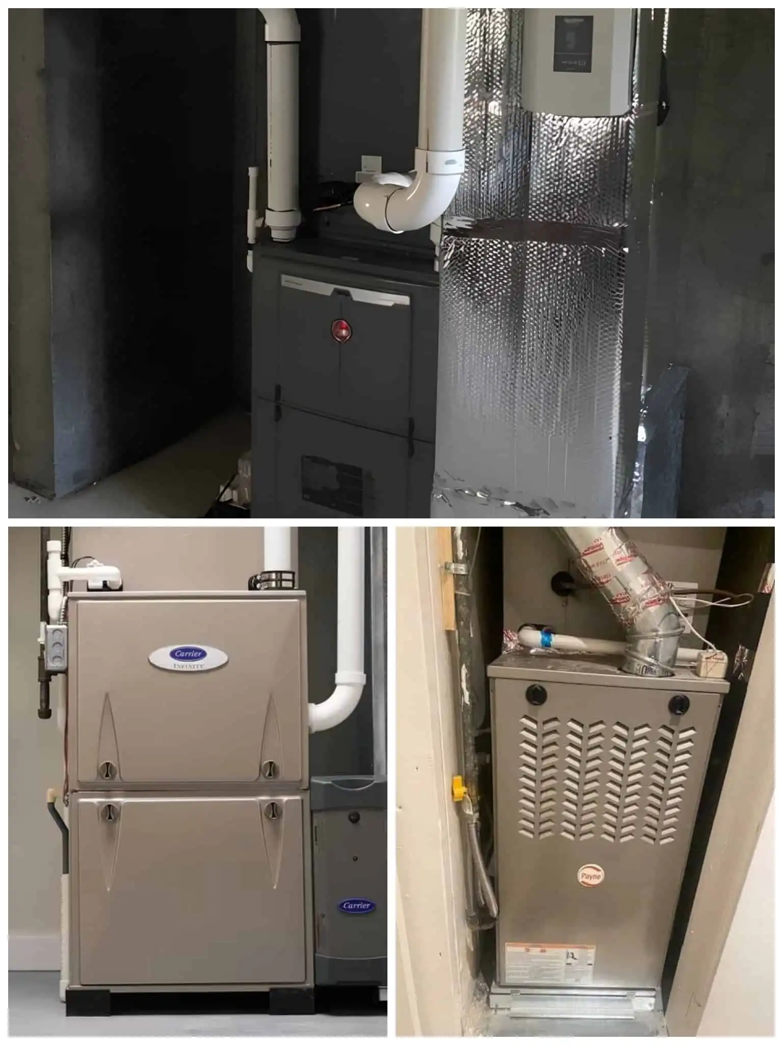 Modern heat pump unit installed in basement with ductwork and piping.