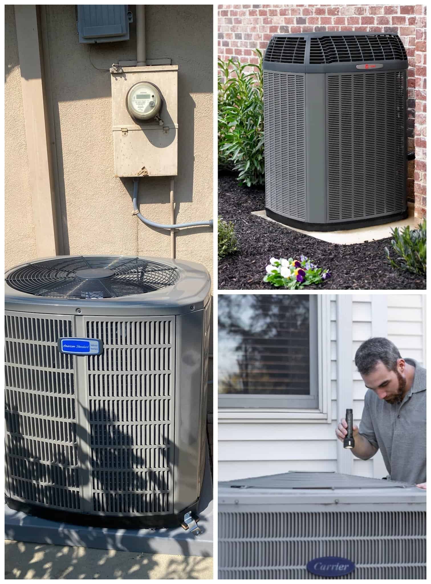 Air conditioning units outside a house and on a wall.