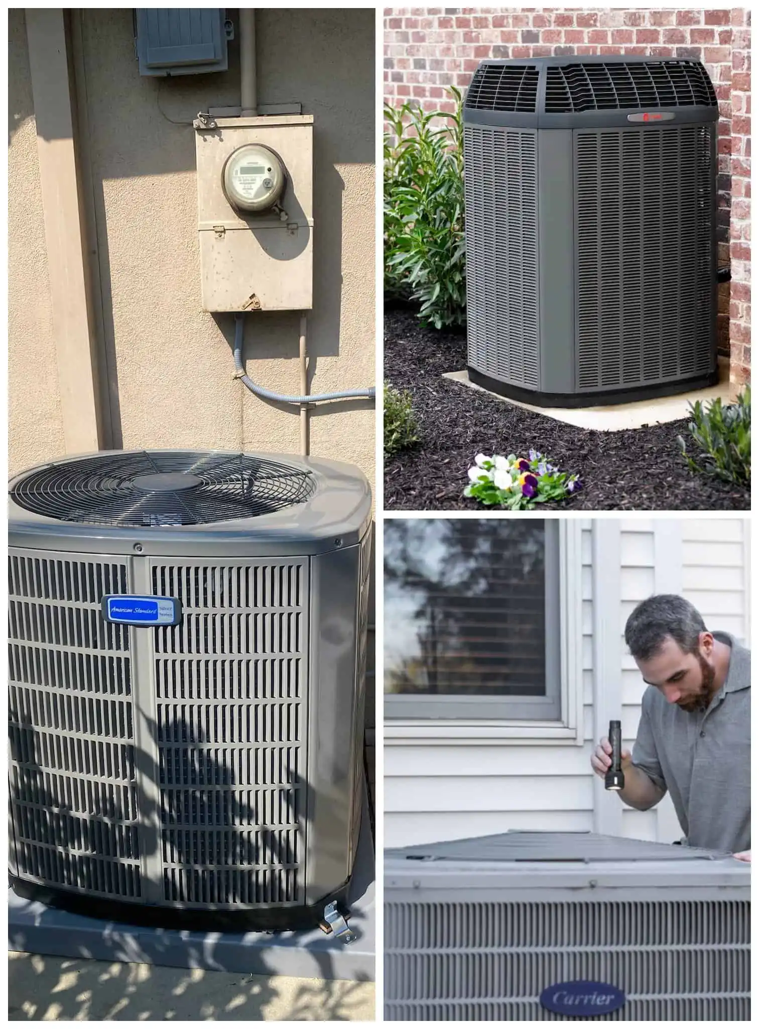 Air conditioning units outside a house and on a wall.