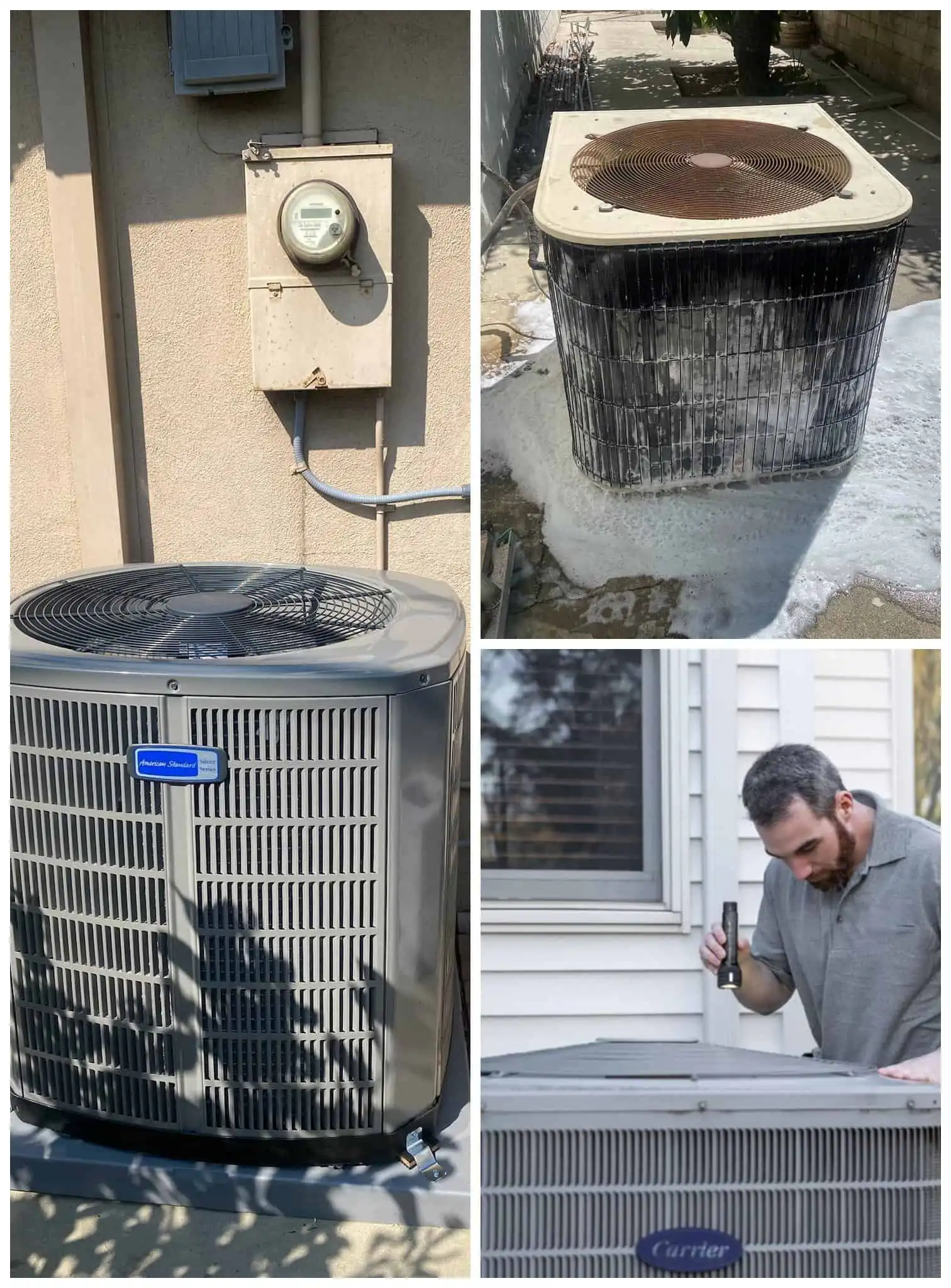 HVAC system components including an outdoor air conditioning unit and a worn-out washing machine.